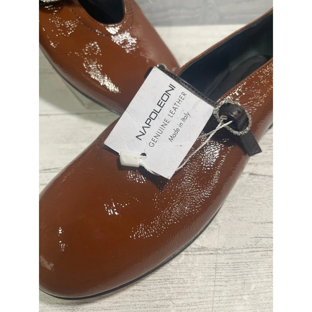Napoleoni Italian Cognac Patent Leather Mary Jane Flats‎ Rhinestone Buckle SZ 37 - Picture 4 of 7